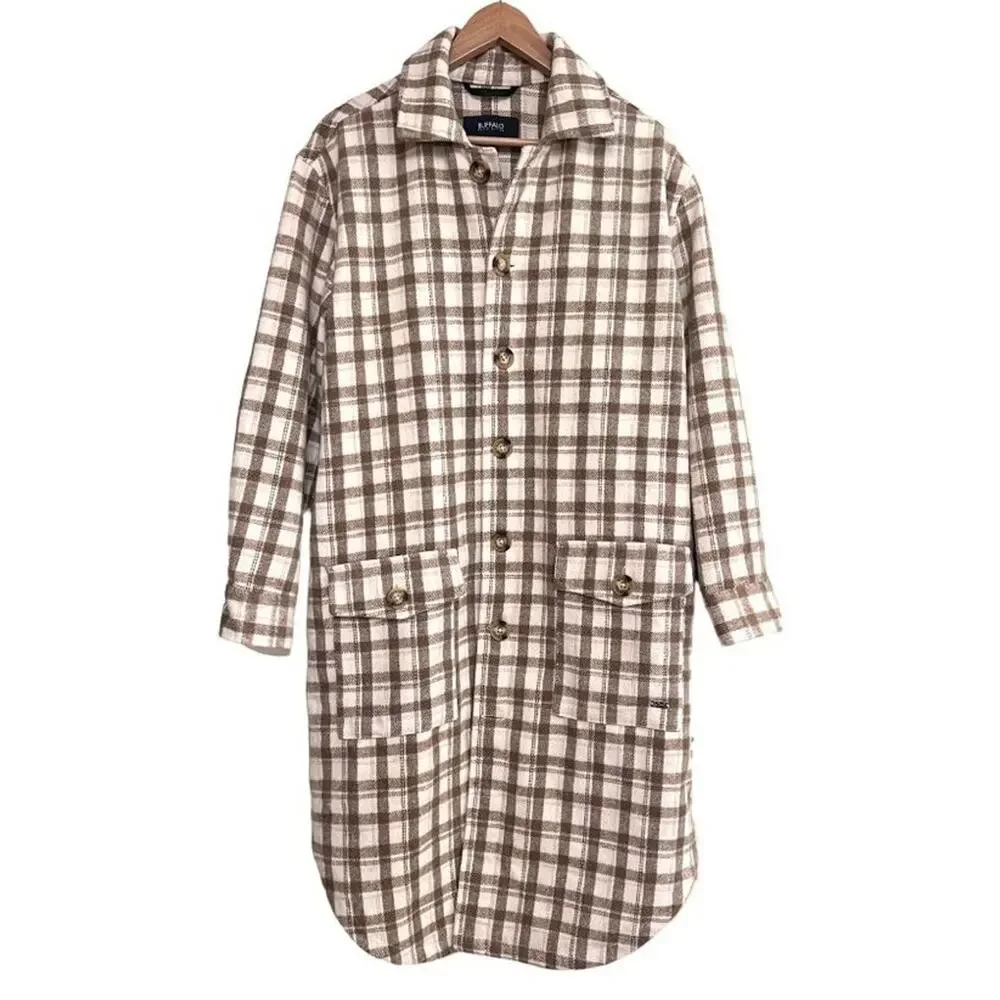 Buffalo David Bitton Large Flannel Cream Brown Plaid Long Line Shacket Cabincore